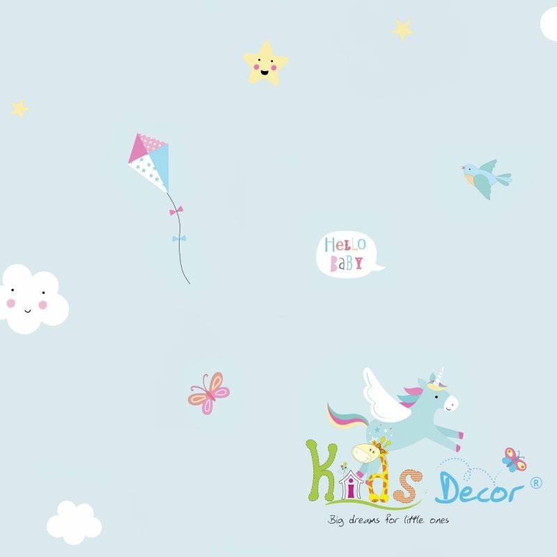 کاغذ دیواری طرح دار اتاق کودک و نوزاد طرح اسب تک شاخ (یونیکورن ) ، زمینه آبی روشن ( آلبوم چارلی ) / 68327