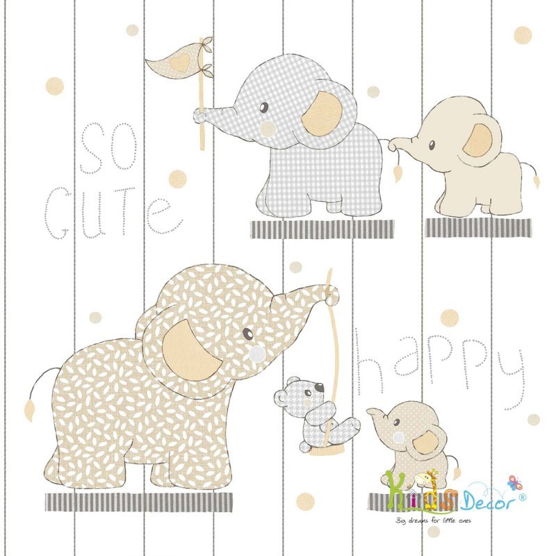 کاغذ دیواری اتاق کودک ایتالیایی طرح فیل های بازیگوش رنگ کرم ، طوسی ( موندو بی بی  ) / 13020