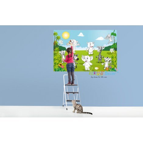 پوستر دیواری ( کاغذ دیواری سه بعدی ) اتاق کودک نقاشی حیوانات شاد با قابلیت رنگ آمیزی / 605